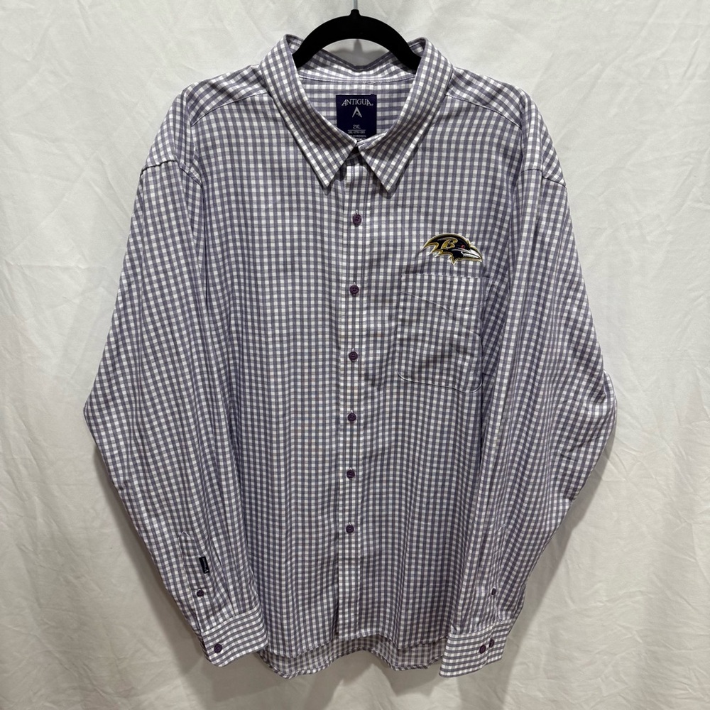 Antigua Baltimore Ravens Gingham Check Dress Shirt NFL Button Front‎ 2XL Fanwear
